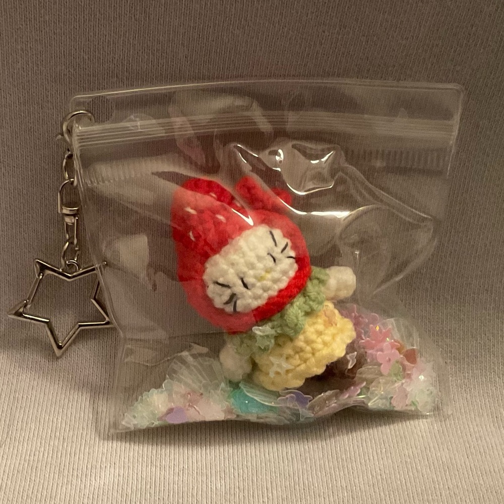 Handmade Crochet Hello kitty Keychain strawberry hat